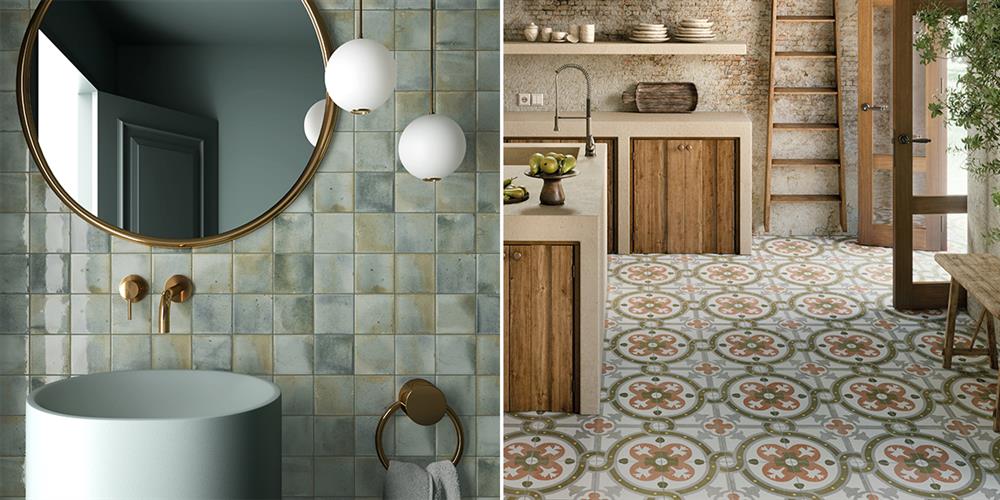 (Left) Artisan green bathroom wall tiles, (Right) Ammoudi green patterned floor tiles